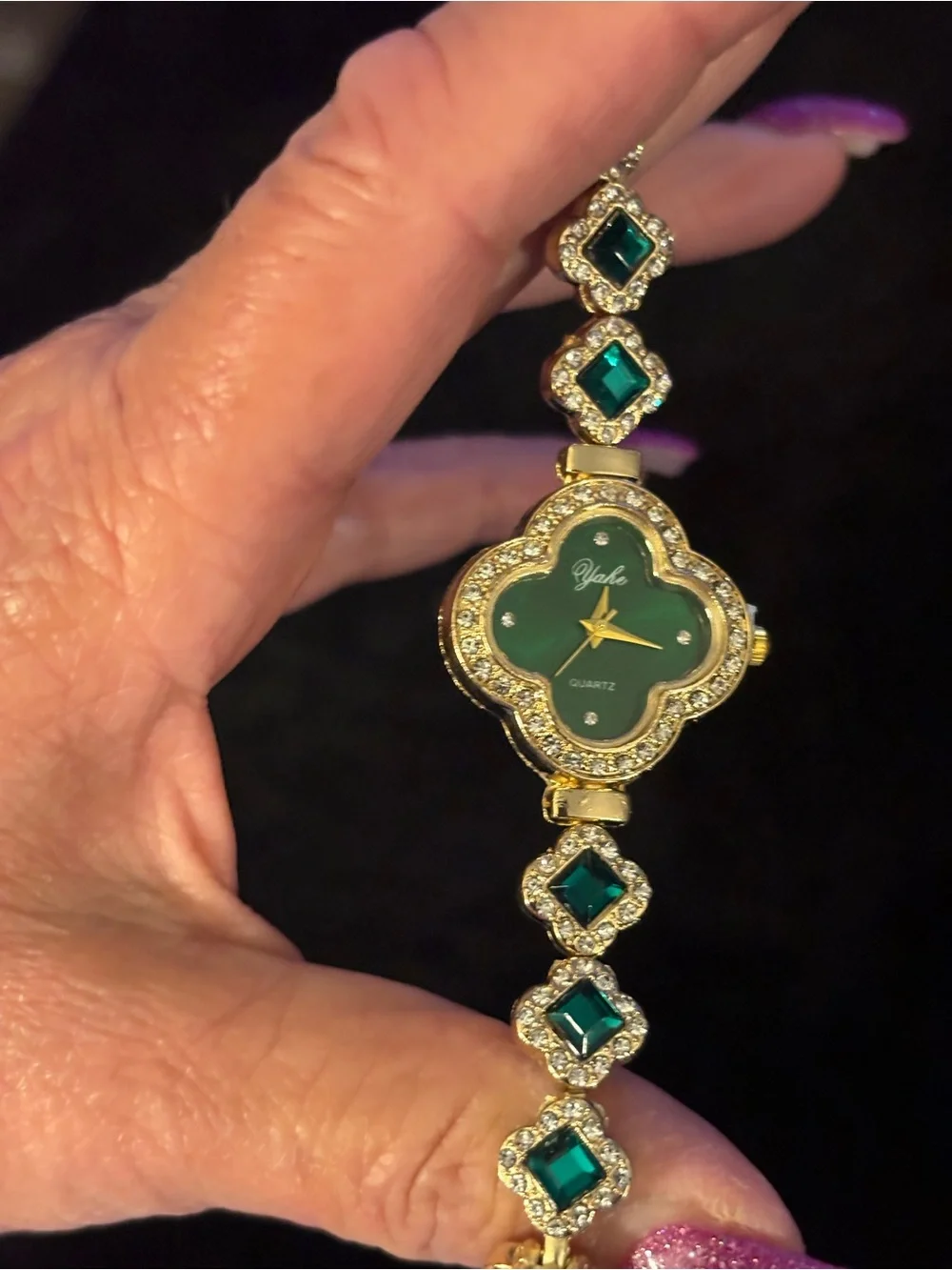 Watch-Emerald Green simulated 4 Leaf Clover GOLD TONE Watch Diamond like Bracel